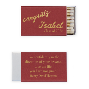 Set the stage for future endeavors with the Thoreau Quote Match, a beacon of encouragement featuring Thoreau's empowering charge. The front's crisp 'Congrats' and the grad's details celebrate the daring pursuit of dreams and the bold life that awaits.