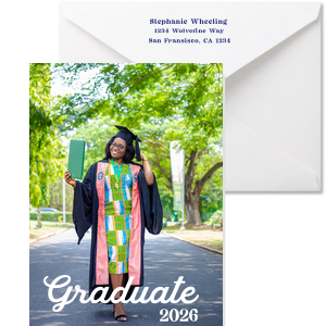 Celebrate the grad in your life! Personalize this graduation thank you card with a photo of the student, their class date, and return address. 