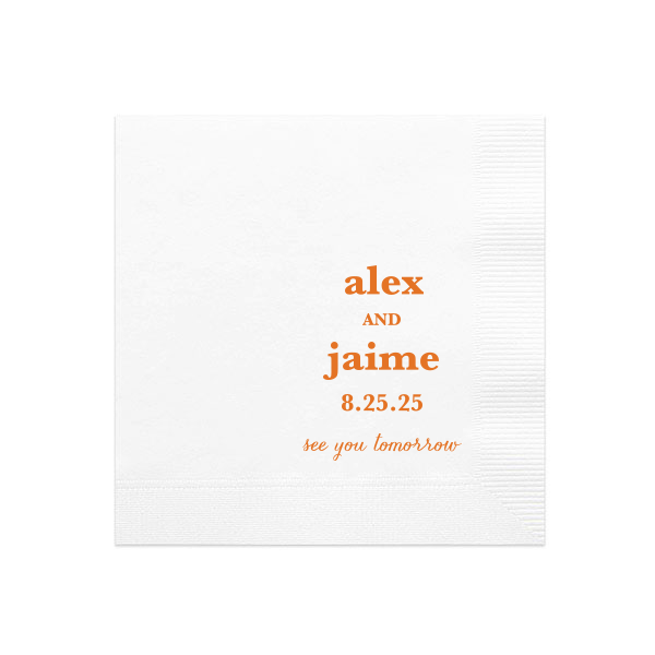 The ever-popular White Cocktail Napkin with Matte Tangerine Foil will look fabulous with your unique touch. Your guests will agree!