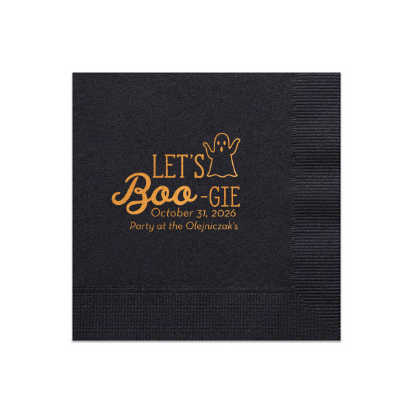 Our personalized Black Cocktail Napkin with Shiny Copper Foil has a Ghost graphic and is good for use in Halloween themed parties and can be personalized to match your party's exact theme and tempo.