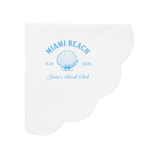 Dive into the festivities with the Bachelorette Beach Party Seashell Soiree Napkin, featuring the bachelorette's name in a timeless script, her party's coastal location, and date, elegantly accented with a chic sea shell graphic. The perfect accompaniment to "The Last Splash" celebration by the shore.