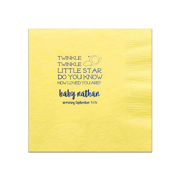 Our beautiful custom Mimosa/Yellow Cocktail Napkin with Shiny Royal Blue Foil has a Night Sky graphic and is good for use in Baby Shower, Stars themed parties and are a must-have for your next event—whatever the celebration!