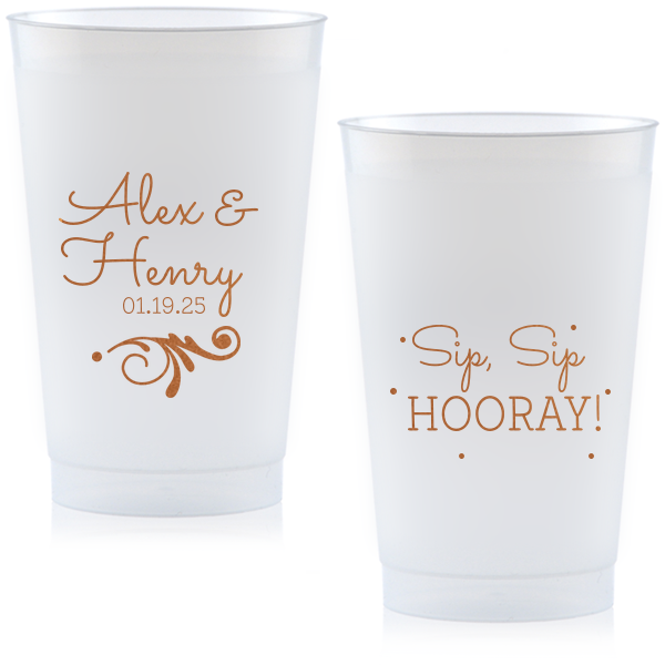 ForYourParty's personalized 12 oz Frosted Plastic Cup with Copper Ink Cup Ink Colors has a Decorative Flourish graphic and is good for use in Engagement, Bridal Shower and Wedding themed parties and couldn't be more perfect. It's time to show off your impeccable taste.