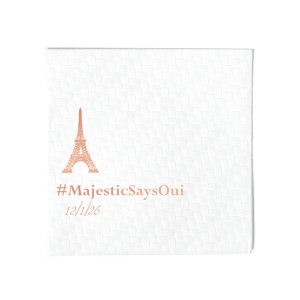 The ever-popular Woven White Woven Cocktail Napkin with Shiny Rose Gold Foil has a Eiffel Tower graphic and is good for use in Travel themed parties and will look fabulous with your unique touch. Your guests will agree!