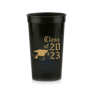 ForYourParty's elegant Black 16 oz Stadium Cup with Gold Ink is good for use in Graduation themed parties and will make your guests swoon. Personalize your party's theme today.