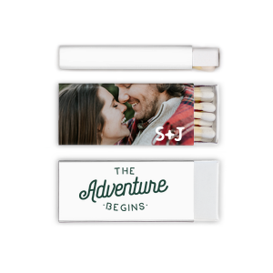 Our custom White Classic Custom Photo Matchbox with Matte White Ink Digital Print Colors and Matte Spruce Ink Digital Print Colors has a The Adventure Begins 2 graphic and is good for use in Words, Wedding, Anniversary themed parties and can't be beat. Showcase your style in every detail of your party's theme!