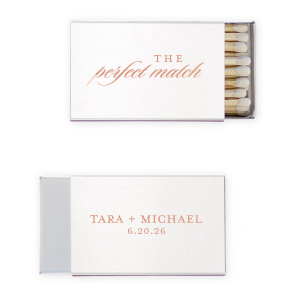 Ignite the spark of a new beginning with the Classic Perfect Match Names & Date Wedding Match. Elegant script announces a timeless union on the front, while the couple's bond is celebrated with a date below on the reverse. A truly sophisticated design, it's a refined detail for the discerning couple's grand day.