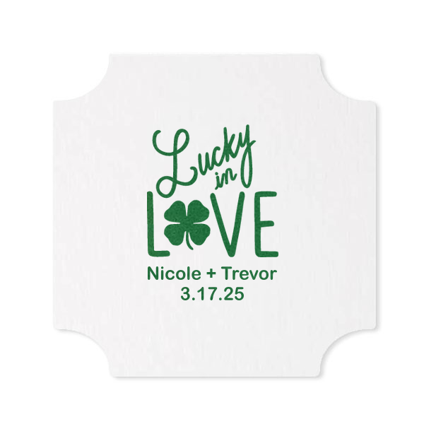 ForYourParty's chic Eggshell Square Coaster with Satin Leaf Foil has a Lucky In Love graphic and is good for use in Wedding, St Patricks Day themed parties and can be customized to complement every last detail of your party.