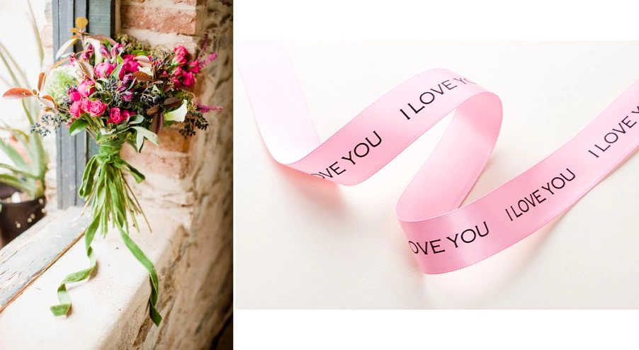 personalized ribbon around bouquet for fourth anniversary