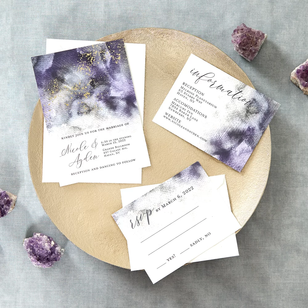 affordable cosmic wedding invitations with purple, black and gold foil