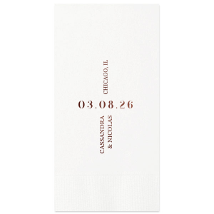 Celebrate your union with the Central Date Flair Napkin, where the wedding date takes center stage, boldly inscribed between the ascending couple's names and location details. A striking layout for an unforgettable matrimonial event.
