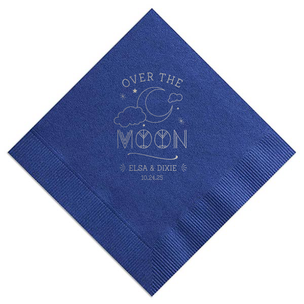 Personalized Light Navy Cocktail Napkin with Shiny Sterling Silver Foil has a Night Sky graphic and is good for use in Baby Shower, Weddings and other celebrations and will make your guests swoon. Personalize your party's theme today.
