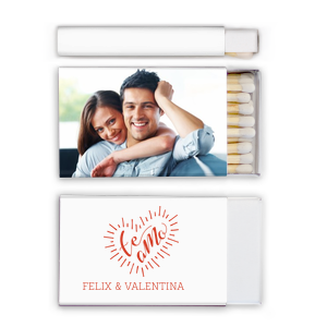 Our custom White Classic Custom Photo Matchbox with Matte Poppy Ink Digital Print Colors and Matte Fuchsia Ink Digital Print Colors has a Te Amo graphic and is good for use in Words, Wedding, Hearts themed parties and can be customized to complement every last detail of your party.