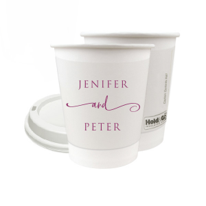 The Swirl Script Duo Cup design combines simplicity with a dash of flair. The couple's names are elegantly stacked, connected by a playful, elongated 'and' in swirling lowercase script. This design adds a touch of whimsy to a classic, understated style.