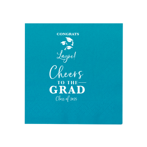 Personalized Teal Cocktail Napkin with Matte White Foil has a Caps Thrown graphic and is good for use in Graduation themed parties and can be personalized to match your party's exact theme and tempo.