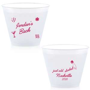 Add a splash of fun to the festivities with the Sassy Spirits Bachelorette Cup, personalized with the bride-to-be's name in script, and adorned with playful symbols like "XOXO," a martini glass, and a smiley face. The flip side's "Just add alcohol" mantra and hand line drawing, customizable with your party's location and date, promise a night of merriment and memories.