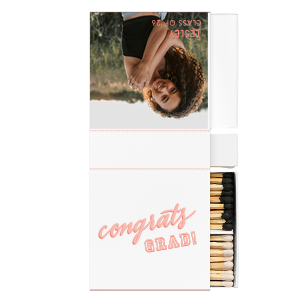 Custom White Classic Custom Photo Matchbox with Matte Poppy Ink Digital Print Colors and Matte Pastel Pink Ink Digital Print Colors has a Congrats graphic and a Congrats graphic and is good for use in Words, Hearts, Wedding themed parties and can't be beat. Showcase your style in every detail of your party's theme!