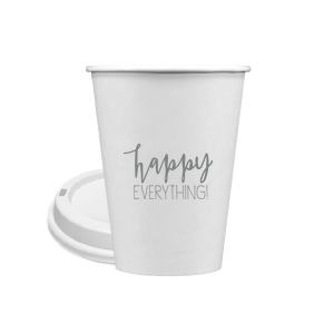 ForYourParty's personalized Matte Slate Gray Ink 12 oz Paper Coffee Cup with Lid has a Happy everything graphic and is good for use in Words, Holiday, Birthday themed parties and will look fabulous with your unique touch. Your guests will agree!