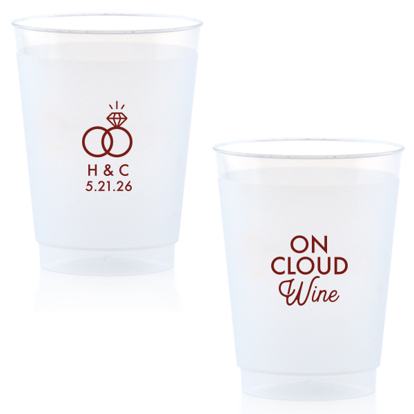 Elevate the joy with the On Cloud Wine Wedding Cup. A playful nod to being "On Cloud 9," this cup celebrates pure bliss. Flip it to reveal the couple's names below an adorable interlocked ring graphic. Perfect for toasting to love and happiness! 