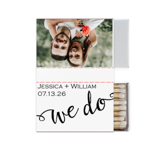 The ever-popular White Classic Custom Photo Matchbox with Matte Black Ink Digital Print Colors and Matte Fuchsia Ink Digital Print Colors has a We Do 3 graphic and is good for use in Wedding, Words themed parties and will add that special attention to detail that cannot be overlooked.