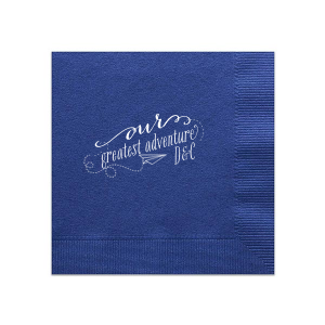 Launch your celebration into a new chapter with the Our Greatest Adventure Couples Napkin. Featuring an imaginative paper airplane graphic, the design soars from "our" into a vibrant swirl around "greatest adventure," spotlighting the couple's initials. It's all about energy, movement, and journeying together!