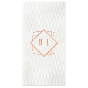 Embrace sophistication with the Deco Diamond Initials Frame Napkin, where Art Deco elegance meets modern love. A layered diamond frame highlights the couple's initials, set against an architectural, 3D backdrop. Perfect for couples seeking a refined, detail-oriented touch to their special day.