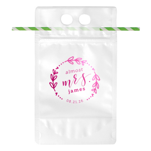 This personalized drink pouch is perfect for a bachelorette party or bridal shower. Our custom drink pouch is decorated with a floral frame and bold script. 