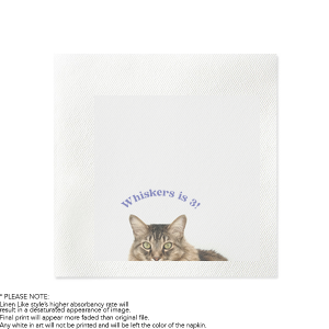 Make your celebration a memorable one with the Cat's Meow Birthday Portrait Napkin, showcasing a beloved photo of a cat's face. Tailor this delightful napkin with the name and age of the honored person or pet, ensuring a purr-sonalized touch for any birthday party, be it for an adult, child, or feline friend.