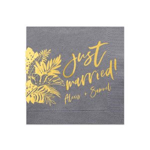 Our custom Slate Cocktail Napkins with Bleed with Shiny 18 Kt Gold Foil has a Full Bleed Tropical Leaves graphic and is good for use in Full Bleed themed parties and will make your guests swoon. Personalize your party's theme today.