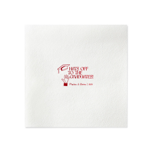 Applaud the new graduate with the Hats Off Graduation Cheer Napkin, emblazoned with a celebratory hand tossing a graduation cap and the phrase "Hats off to the graduate," personalized with the graduate's name and year. A perfect addition to any graduation festivity.
