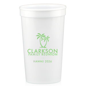 Capture the essence of paradise with the Palm Tree Reunion Cup. Featuring two palm trees swaying in the breeze, this design brings the islands, ocean, and sandy shores to your celebration. Perfect for any event under the sun, this cup adds a touch of tropical charm to every sip!