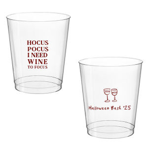 The Hocus Pocus Focus Cup is the ideal custom Halloween party accessory.  Featuring the phrase "hocus pocus I need candy to focus" and a modern and minimal graphic of wine glasses, you can personalize with your name, and the year. This chic Halloween accessory will be a hit at your autumnal events. 