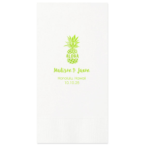 Savor the essence of island life with the Aloha Pineapple Napkin. A cheerful pineapple stamped with 'Aloha' sets a laid-back, tropical scene, while the couple's names and date below promise a future as bright as Hawaiian sunshine