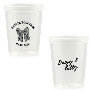 Celebrate the perfect pairing with the Better Together Bow Wedding Cup, featuring the couple's names in a romantic script and the wedding date, complemented by "Better Together" alongside a charming bow illustration. A sweet toast to unity and love on your big day.