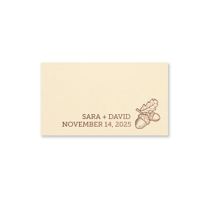 ForYourParty's personalized Natural Ivory Regal Place Card with Shiny Merlot Foil has a Acorns graphic and is good for use in Floral, Thanksgiving, Adventure and Wedding themed parties and will make your guests swoon. Personalize your party's theme today.