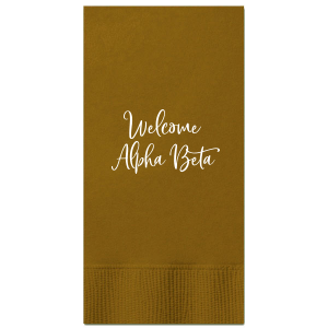 Deck the table with sisterhood spirit using the Welcome Sorority Sisters Napkin. Let the playful loops of "Welcome" twirl into hearts, as personalized sorority names anchor this charming greeting, adding a cozy, personal touch to your gathering's chic decor. Sisters, assemble in style!