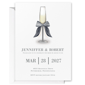 Impress guests even before the event with the Pearls and Prosecco Champagne Flute Invitation. The full color card features customizable text to personalize your message, leaving a first impression that can't be forgotten. 