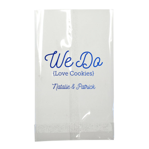 Celebrate sweet love with the We Do Love Cookies Bag, a delightful treat for sharing gifts with your guests. . It features a large, playful “We Do” at the top, with “(Love Cookies)” whimsically enclosed in parentheses below, expressing the couple’s fondness for cookies Or other gift item. Their names in candied script at the bottom add a charming touch to this gift.