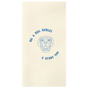 Dog cocktail napkins are the latest wedding trend! Customize this dog wedding napkin with your last name and the name of your dog. Featuring a mastiff graphic. 