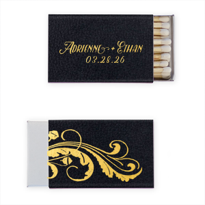 Illuminate your celebration with the Leafy Flourish Wedding Matchbox. One side showcases a sophisticated scrolling leafy design, while the other highlights the newlyweds' names and date, making it an exquisite keepsake. Perfect for adding a touch of elegance to any memorable occasion.