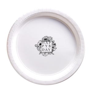 ForYourParty's personalized White Appetizer Plate with Matte Black Ink has a Romantic Flower Frame graphic and is good for use in Floral, Frames and Birthday themed parties and are a must-have for your next event—whatever the celebration!