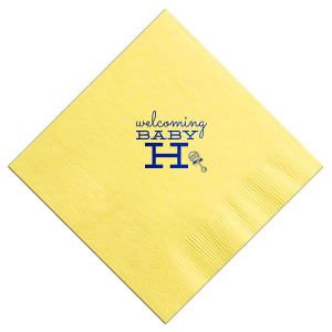 Celebrate new life with the Welcoming Baby Initial Napkin, featuring a big, bold, initial alongside an adorable rattle graphic. Set in whimsical script, this design perfectly captures the joy and excitement of welcoming a new baby, adding a charming touch to your special celebration.