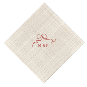 Embrace the essence of your wedding day with the Loopy Love Bow Napkin, customized with the couple's initials and adorned with a unique loopy bow graphic. A playful yet elegant touch for your matrimonial celebration.