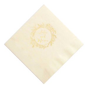 ForYourParty's elegant Ivory Cocktail Napkin with Shiny 18 Kt Gold Imprint Foil Color has a Peony Circle Frame graphic and is good for use in Floral themed parties and will give your party the personalized touch every host desires.