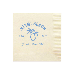 Celebrate the bride-to-be's final wave of singlehood with the Bachelorette Beach Party Palm Tree Napkin, custom-printed with her name in elegant script, alongside the party's sunny location and date, adorned with a tropical twin palm tree graphic. A breezy addition to "The Last Splash" bachelorette bash.