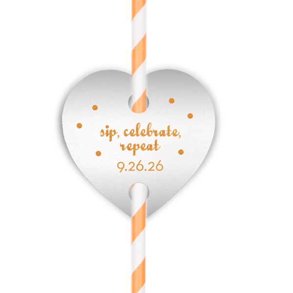 Dress up drinks with your theme! Add this personalized straw tag in Stardream Crystal White with Copper foil and polka dots for a fun bar addition. Our trendy Sip, Celebrate, Repeat design will be a hit.
