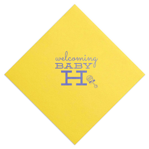 Celebrate new life with the Welcoming Baby Initial Napkin, featuring a big, bold, initial alongside an adorable rattle graphic. Set in whimsical script, this design perfectly captures the joy and excitement of welcoming a new baby, adding a charming touch to your special celebration.