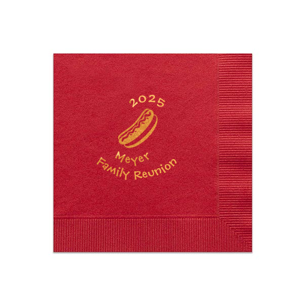 Gather 'round the grill with the Family Reunion Hot Dog Napkin, where a whimsical hotdog illustration sets the stage for fun. 'Family Reunion' adds playful flair, while space for your date and name personalizes your kin's festive feast.