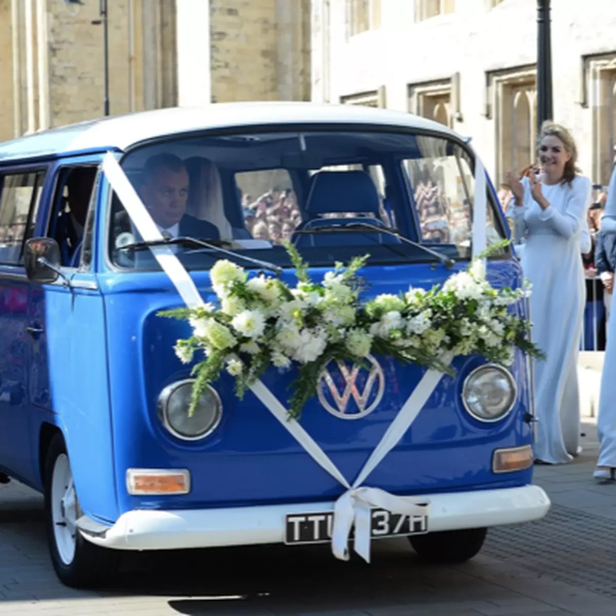 The vintage blue Volkswagen that carried the veiled bride, Ellie Goulding.