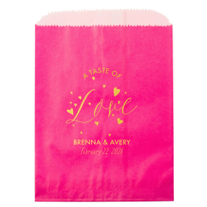 Fill the A Taste of Love Bag with delights as sweet as the sentiment it carries. 'Love' bursts forth, surrounded by joyful hearts, while the couple's names and date below savor the flavor of a heartfelt celebration.